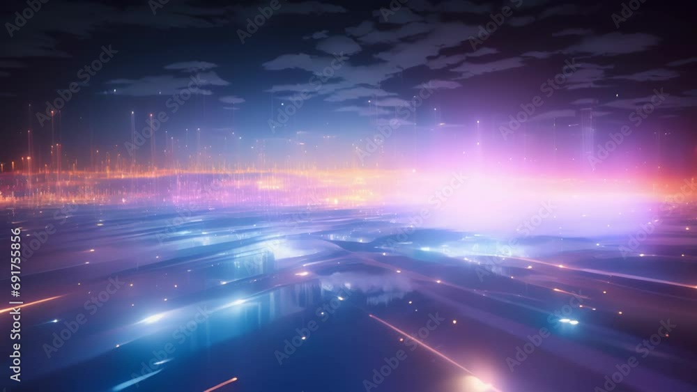 Poster an ethereal landscape filled with neonlit genetic sequences, symbolizing the infinite possibilities 