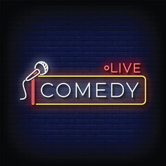Neon Sign comedy live with brick wall background vector
