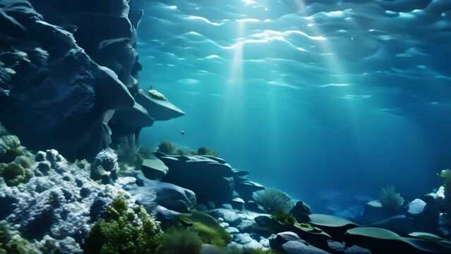 An underwater scene with marine fauna and flora, a clear blue water, and the surface seen from below where beams of sunlight filter. Animation of a beautiful blank sea landscape for a 3d background 
