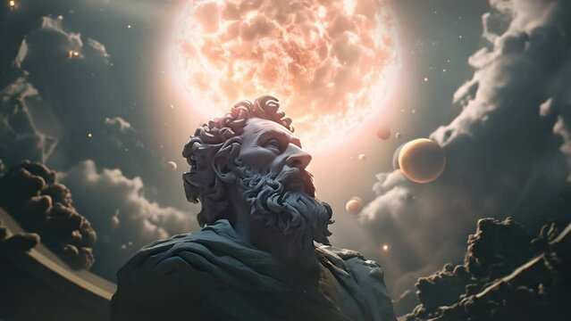 Statue of a philosopher gazing at the cosmos, symbolizing scientific thought, ideas, rationality, philosophy and astronomy. Epic scene with the sun exploding behind the Greek sculpture
