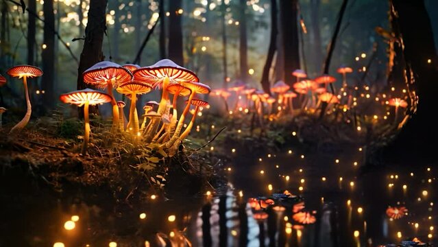 A landscape with magical mushrooms glowing and shining at dark sunset, with fireflies and bright particles around a dark forest of bondo with trees. Fairy tale scenario for a fantasy story animation