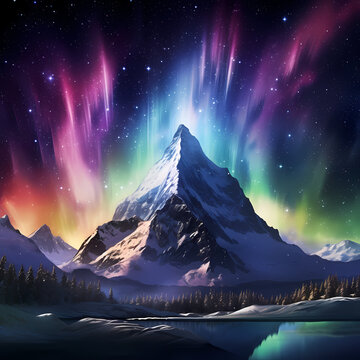 A Snowy Mountain Peak Under A Spectacular Display Of The Northern Lights