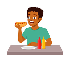 young adult eat hotdog and feel happy