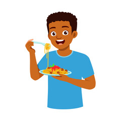 young adult eating spaghetti and feel happy