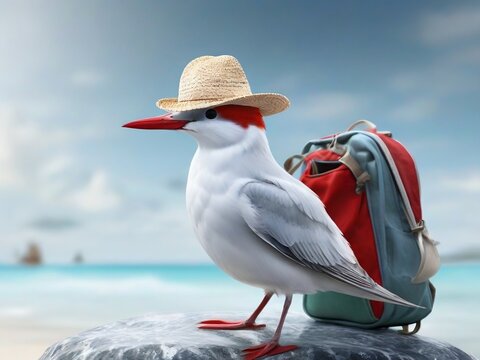 Arctic tern with a hat and backpack, embodying World Migratory Bird Day, showcases avian vacation vibes in stylish art. The bird is ready for the journey to it's vacation on migratory bird days.