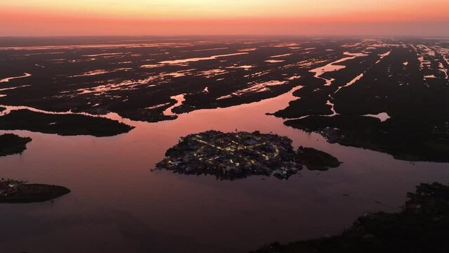 Panoramic drone shot circling the Mexcaltitan Magic Town, dusk in Nayarit, Mexico