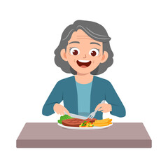 old elderly eating meat steak and feel happy