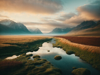 Plains and rivers at the foot of the mountains