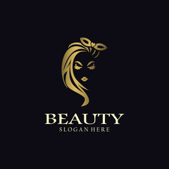 Women's hair salon with modern gold logo design. Premium Vector beauty logo.