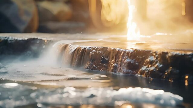 Closeup of the cascading hot spring water as it pours into the stone onsen bath, releasing its theutic minerals.