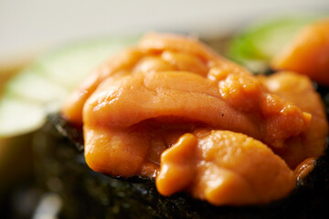 Sea urchin roe sushi on a plate