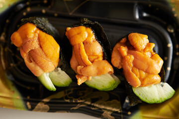 Sea urchin roe sushi on a plate