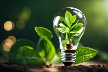Lightbulb with sprout within, ecological and energy theme, with backdrop blur - obrazy, fototapety, plakaty