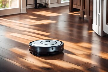 Robotic vacuum cleaner on a wooden floor on a bright day