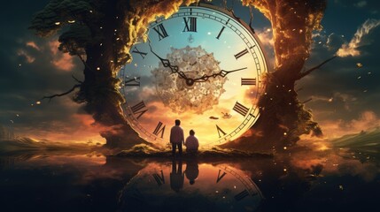 Concept of time passing. Apocalyptical image of two people looking at the clock. Ai generated - obrazy, fototapety, plakaty