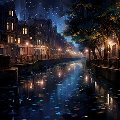 City lights reflected in a tranquil river at night