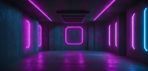 Modern Futuristic Sci Fi Concept Club Background Grunge Concrete Empty Dark Room With Neon Glowing...