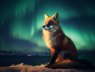 A Photo of a Fox at Night Under the Aurora Borealis