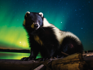 A Photo of a Skunk at Night Under the Aurora Borealis