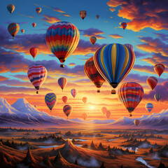 Cluster of hot air balloons drifting against a vibrant sunset sky