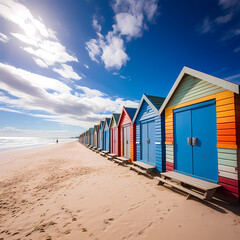 Fototapeta na wymiar Colorful beach huts against a backdrop of clear skies