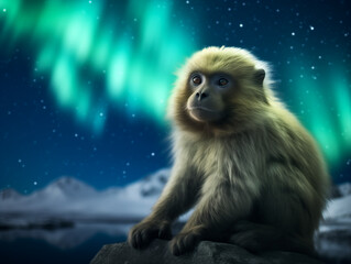 A Photo of a Monkey at Night Under the Aurora Borealis