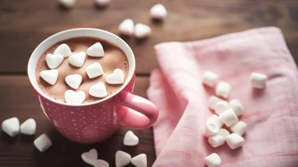 Fotobehang Hot chocolate with heart-shaped marshmallows © keystoker
