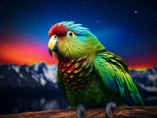 A Photo of a Parrot at Night Under the Aurora Borealis