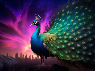 A Photo of a Peacock at Night Under the Aurora Borealis