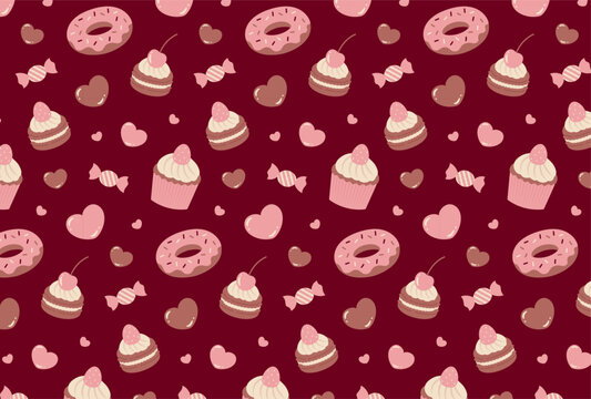 valentine seamless pattern with sweet desserts and hearts for banners, cards, flyers, social media wallpapers, etc.