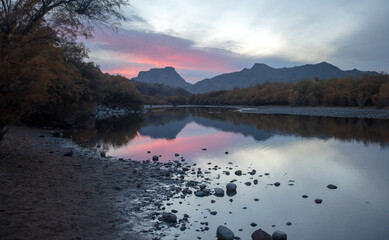 Pink and blue sunset sky over Salt River near Mesa Arizona United States