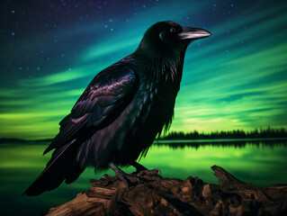 Fototapeta premium A Photo of a Crow at Night Under the Aurora Borealis