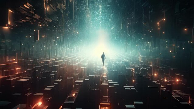 A series of futuristic illustrations depicting a fictional world where artificially intelligent beings have reached a state of singularity, illustrating the potential future of digital evolution.