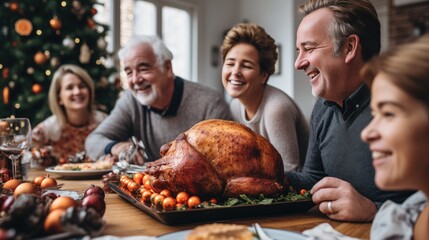 Caucasian family sits around a holiday table, sharing a joyous moment with a large roasted turkey as the centerpiece. The Christmas tree in the background adds to the festive atmosphere.