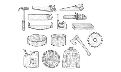 lumberjack tools handdrawn collection