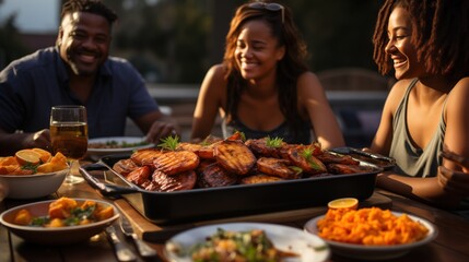 Black friends or family shares laughter and good times around a table with grilled meats and side dishes in an outdoor setting. The setting sun casts a warm, golden hue over the scene, 
