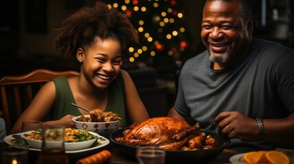 Fototapeta na wymiar A Black father and daughter share a hearty laugh at a decorated table with a large roasted turkey, genuine joy and family bonding. twinkling Christmas lights enhance the holiday spirit