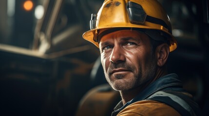 Engineer worker wearing safety helmet while operating heavy machinery. Generative AI.