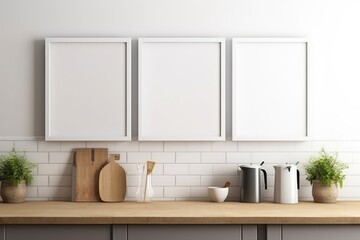 Fototapeta na wymiar Blank white kitchen picture frame mockup. Minimalist staging. Copies. Exhibitions. Generative AI 