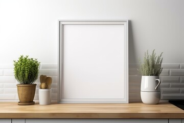 Blank white kitchen picture frame mockup. Minimalist staging. Copies. Exhibitions. Generative AI 