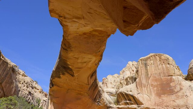 Establishing shot of mountain trail with red rocks in Hickman Natural Bridge Trail, Capital Reef National Park, Utah, North America. ProRes 422 HQ.