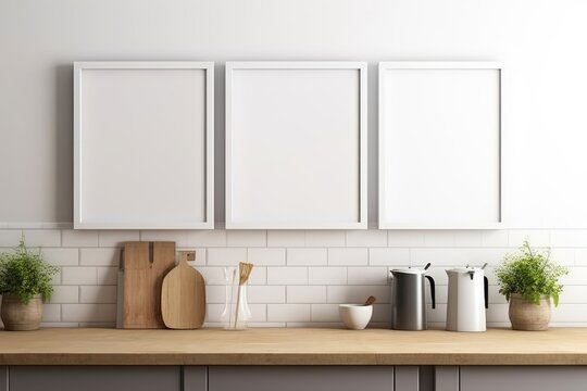 Blank white kitchen picture frame mockup. Minimalist staging. Copies. Exhibitions. Generative AI 