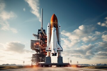 A rocket is sitting on a launch pad, About to blast into space. Generative AI. - Powered by Adobe
