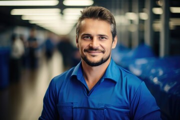 Smiling production worker wearing a blue shirt standing in a bright modern production hall. Generative AI. - Powered by Adobe