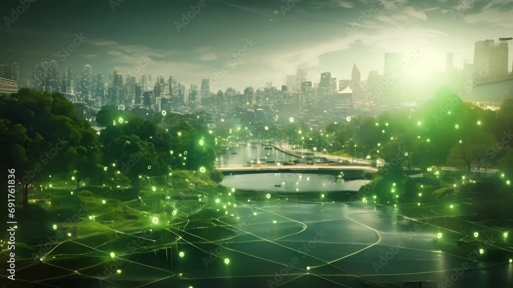 Poster a city where flying vehicles and autonomous drones navigate through a network of green spaces, showc