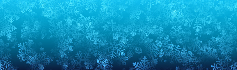 Blue gradient winter background with detailed snowflakes. - obrazy, fototapety, plakaty