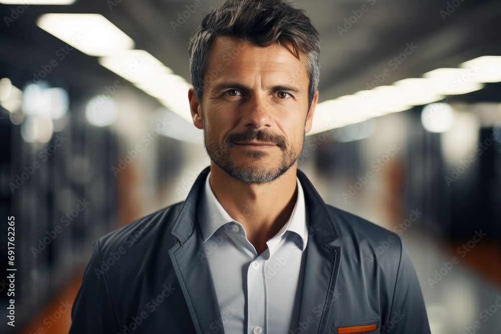 Poster portrait of engineer in a large bright modern room. generative ai.