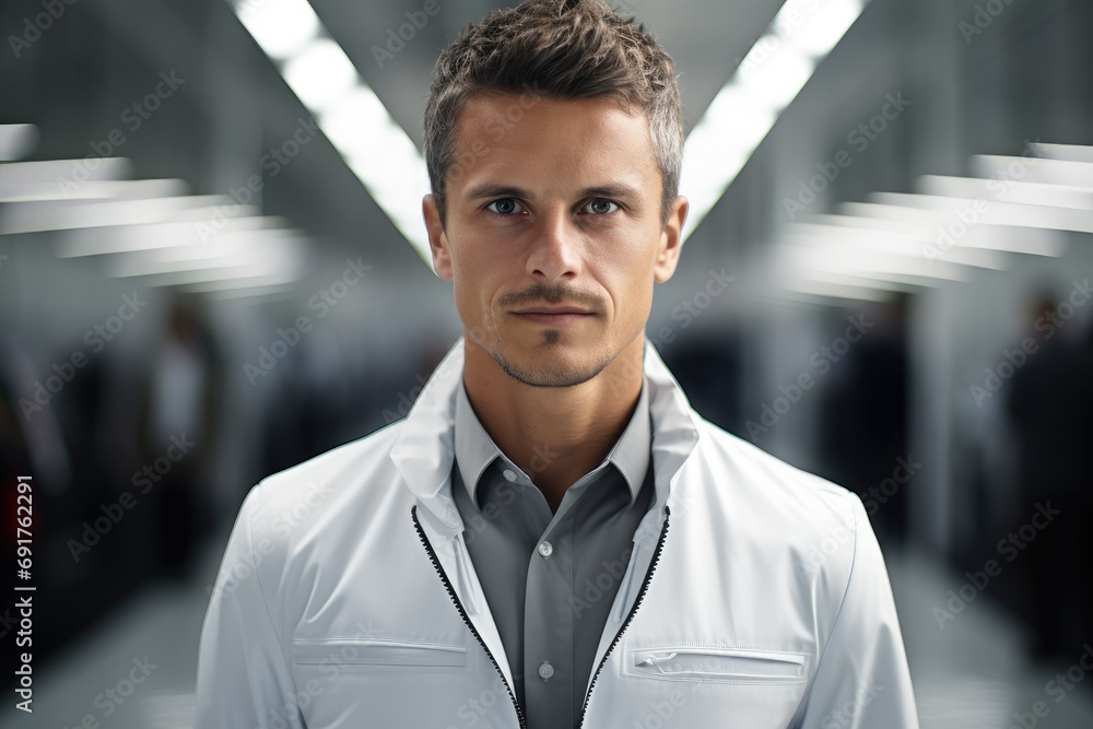 Poster portrait of engineer in a large bright modern room. generative ai.