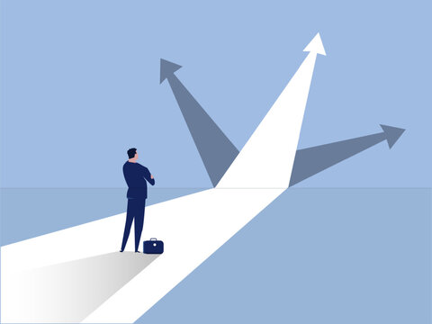 businessman standing in front of a crossroad with road split in three different ways as arrows. vector illustration