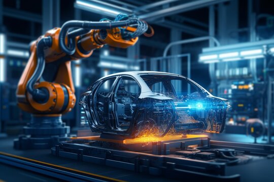 Digitalization of the automotive Industry 4.0, 5G, and IOT Automated Robot Arm Assembly Line Production of High Tech Electric Vehicles. Efficiency of AI Computer Vision Analysis, Generative AI 